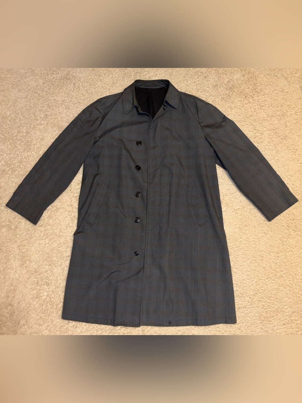 Vintage London Fog Clipper Mill Plaid Maincoat 40L Gray Rain Coat Trench USA